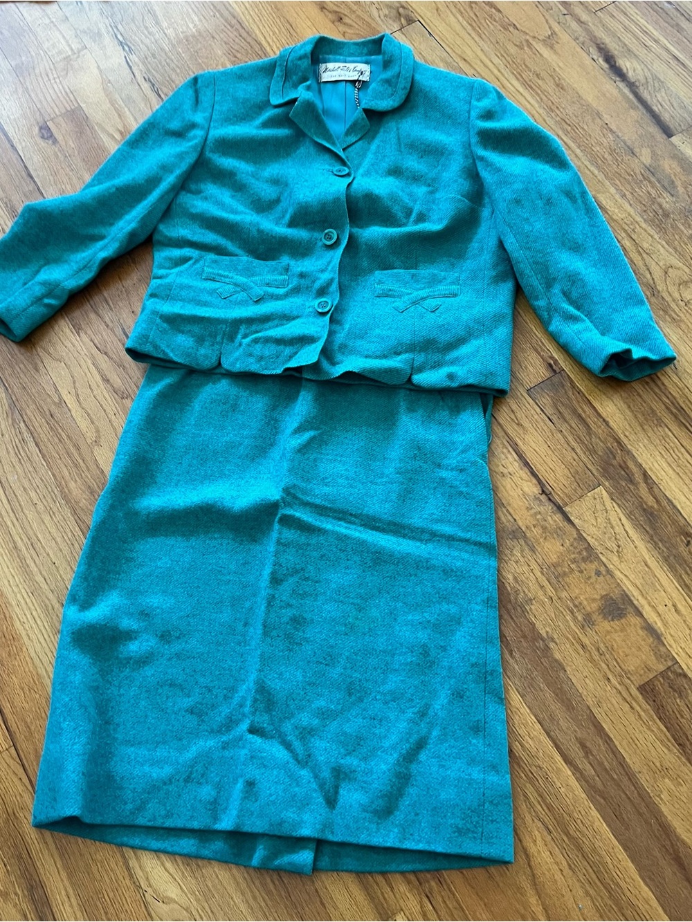 Vintage Teal Wool Two-Piece Skirt Set